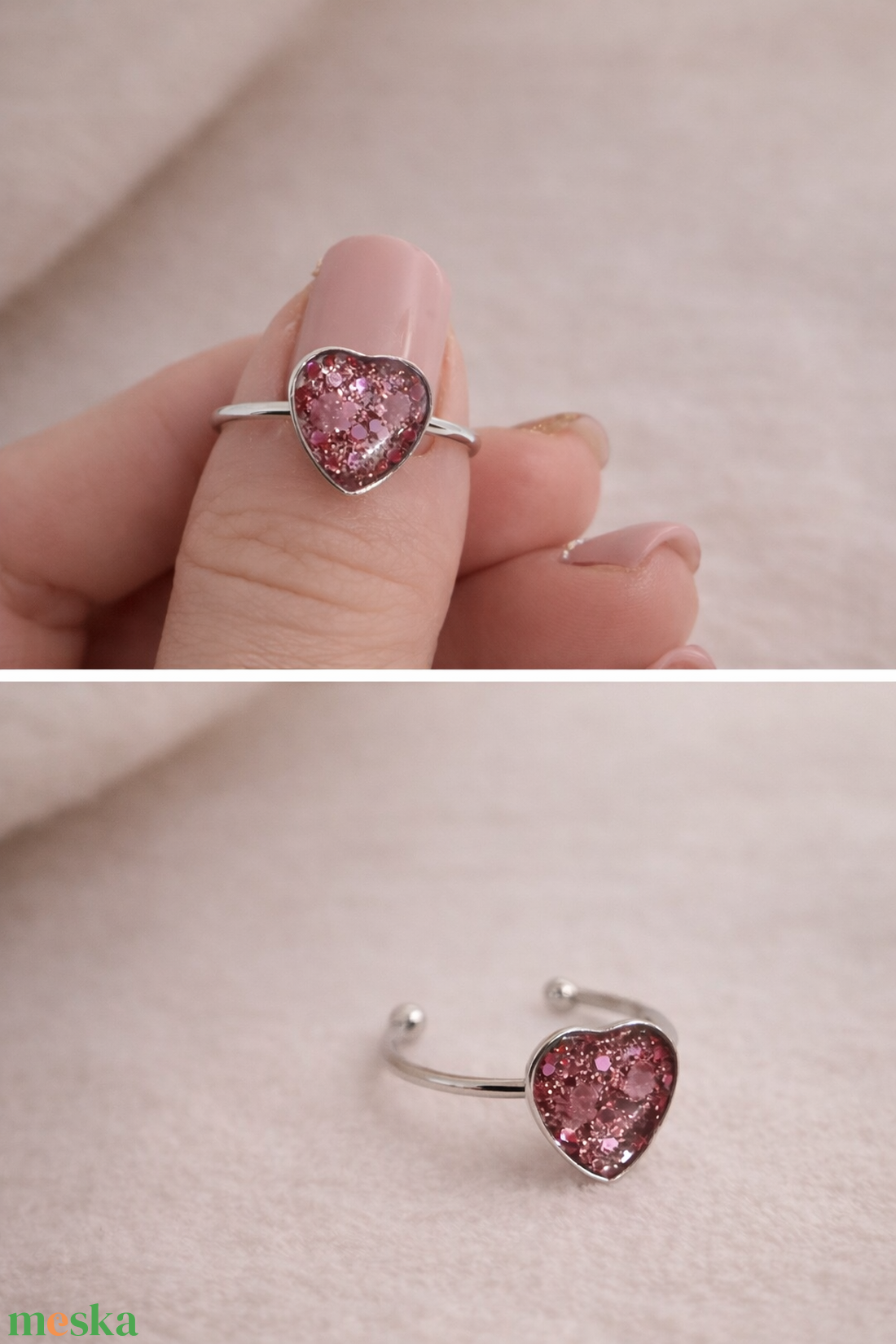 Rózsaszín szivecske gyűrű rózsakvarccal - ékszer - gyűrű - statement gyűrű - Meska.hu