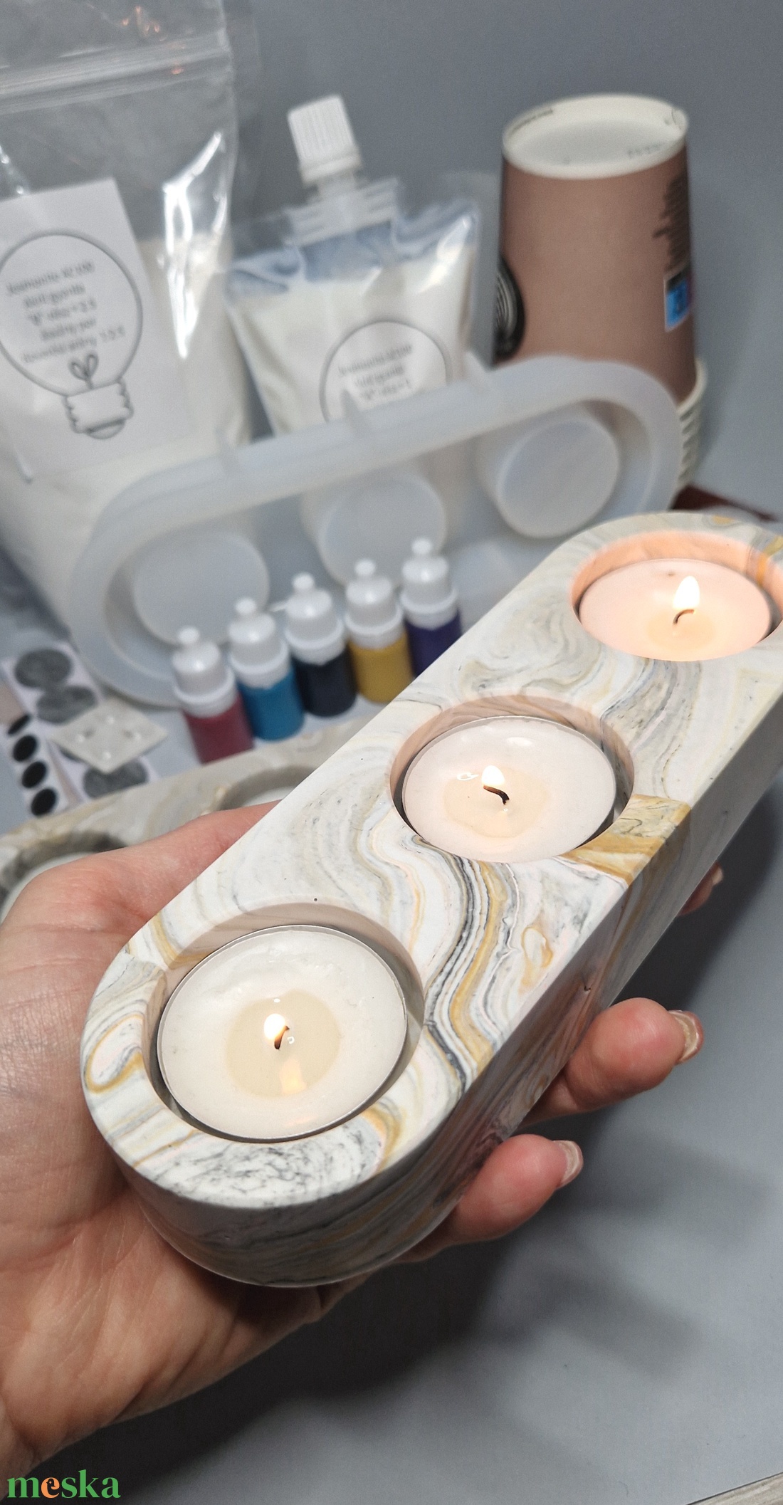 Jesmonite kezdő csomag, 3-as teamécses tartó, DIY, csináld magad csomag - diy (csináld magad) - egységcsomag - Meska.hu