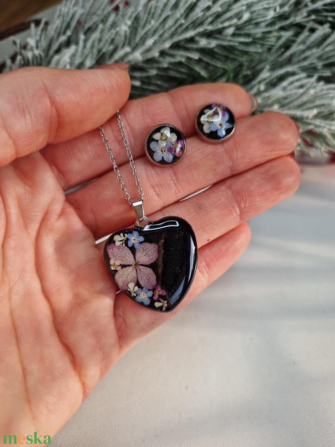 Nemesacél ékszer szett szárított virággal  - ékszer - ékszerszett - Meska.hu