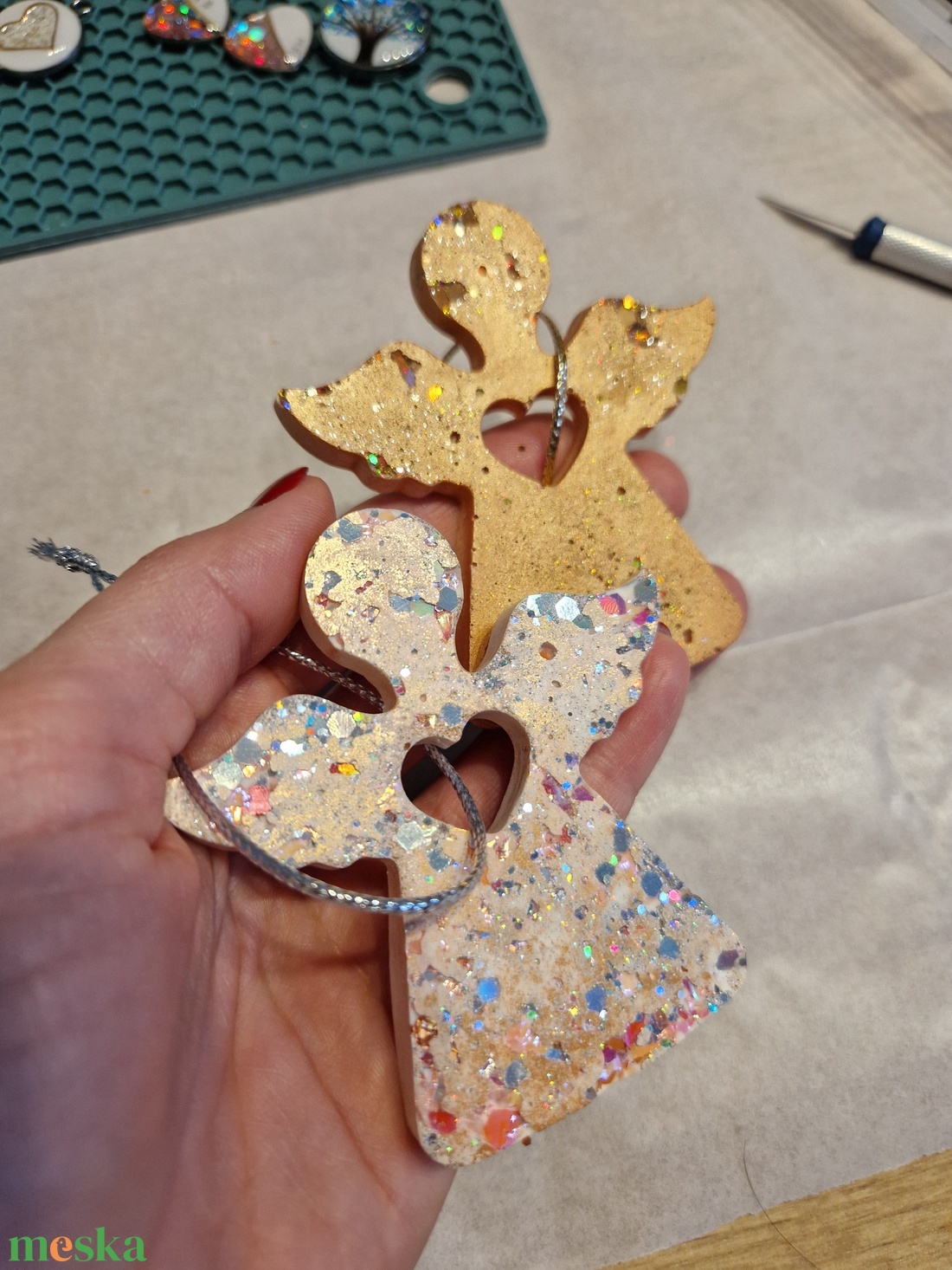 3db szív közepű angyal karácsonyfadísz  - karácsony - karácsonyi lakásdekoráció - karácsonyfadíszek - Meska.hu