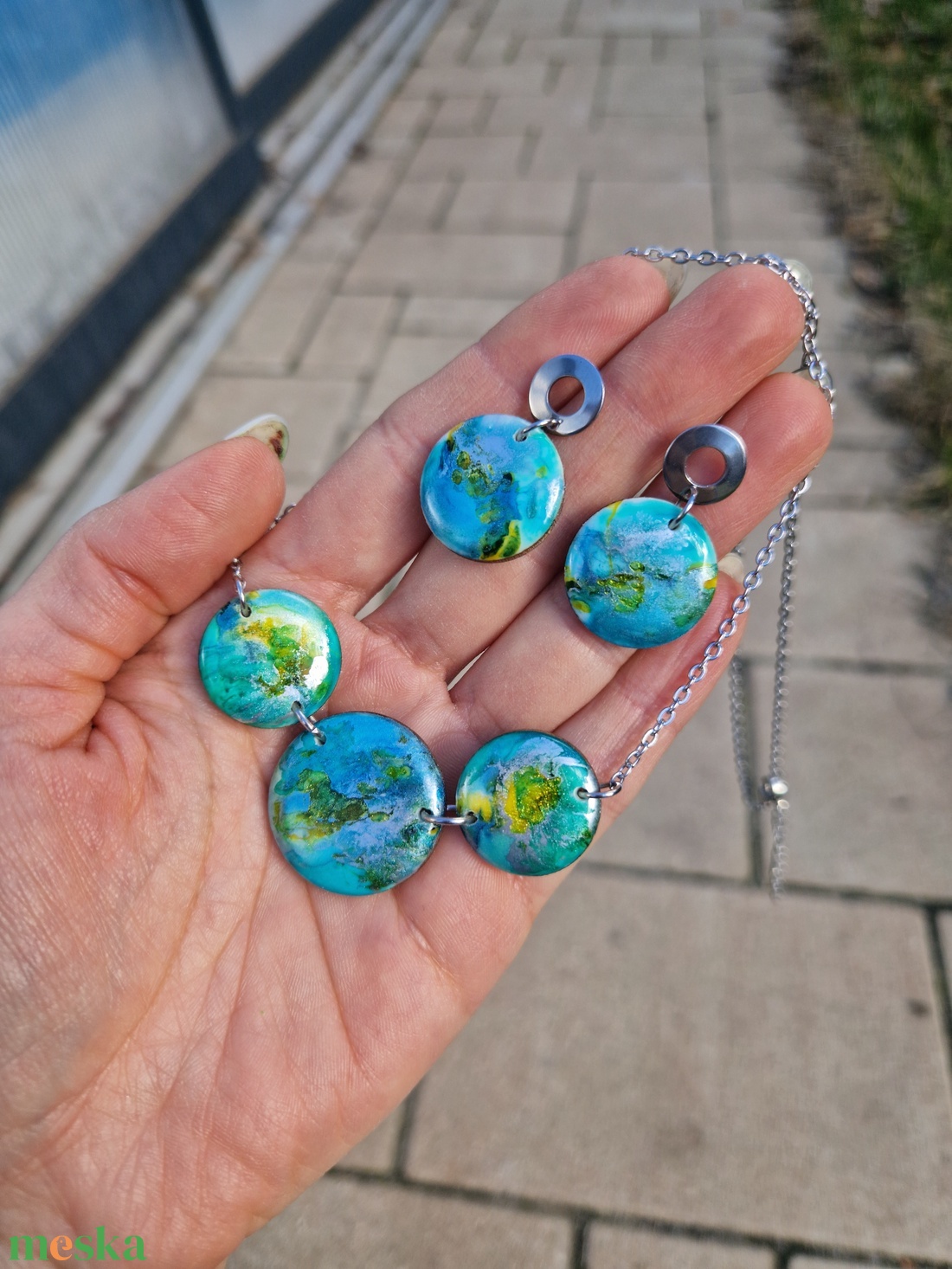 Türkiz-zöld-sárga ékszer szett - ékszer - nyaklánc - medál - Meska.hu