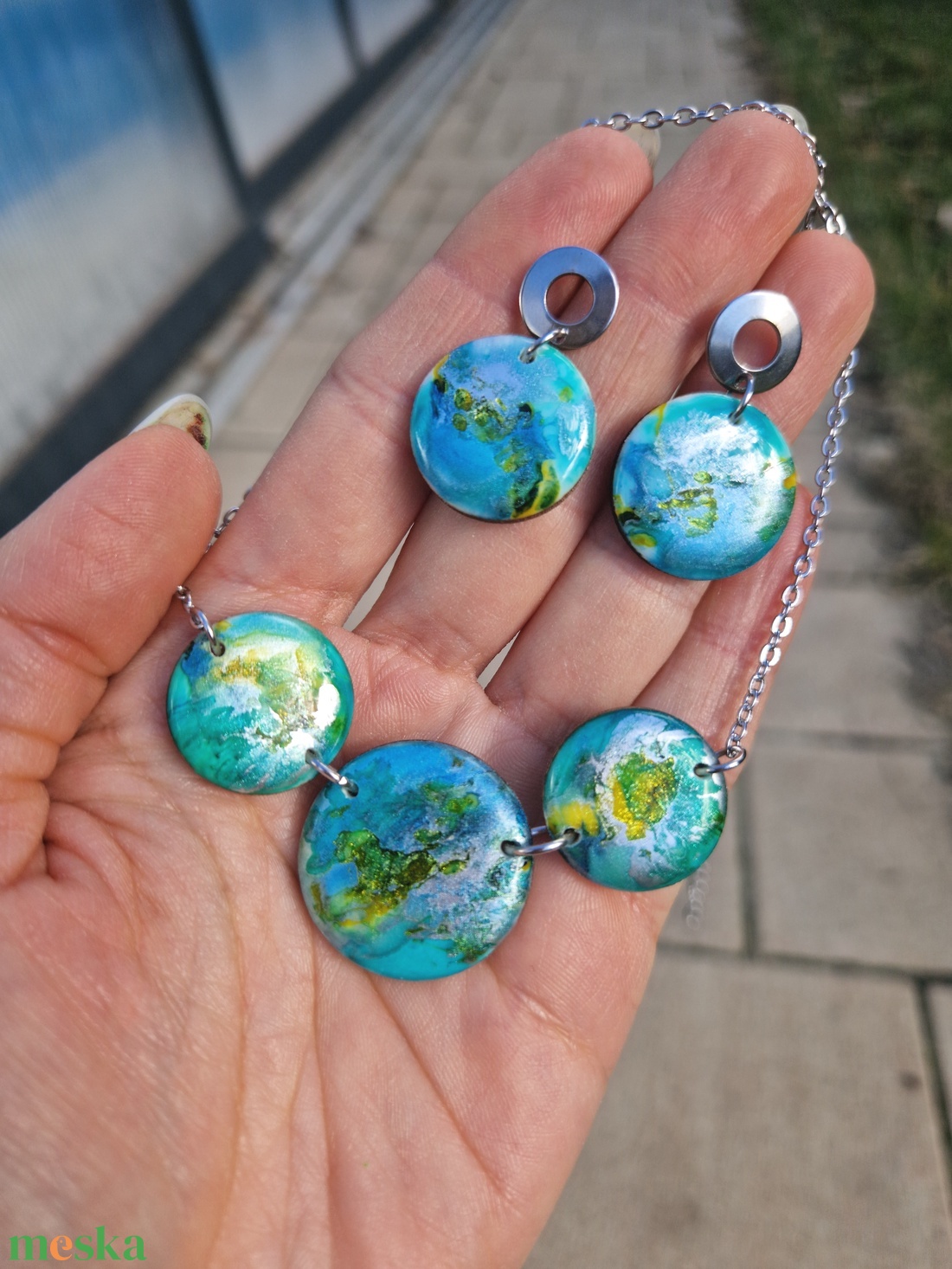 Türkiz-zöld-sárga ékszer szett - ékszer - nyaklánc - medál - Meska.hu