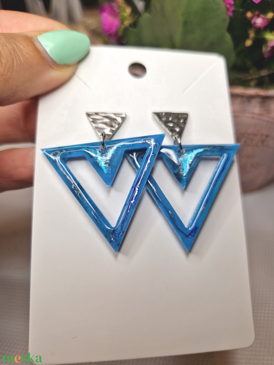 Kék ezüst háromszög fülbevaló  - ékszer - fülbevaló - csillár fülbevaló - Meska.hu