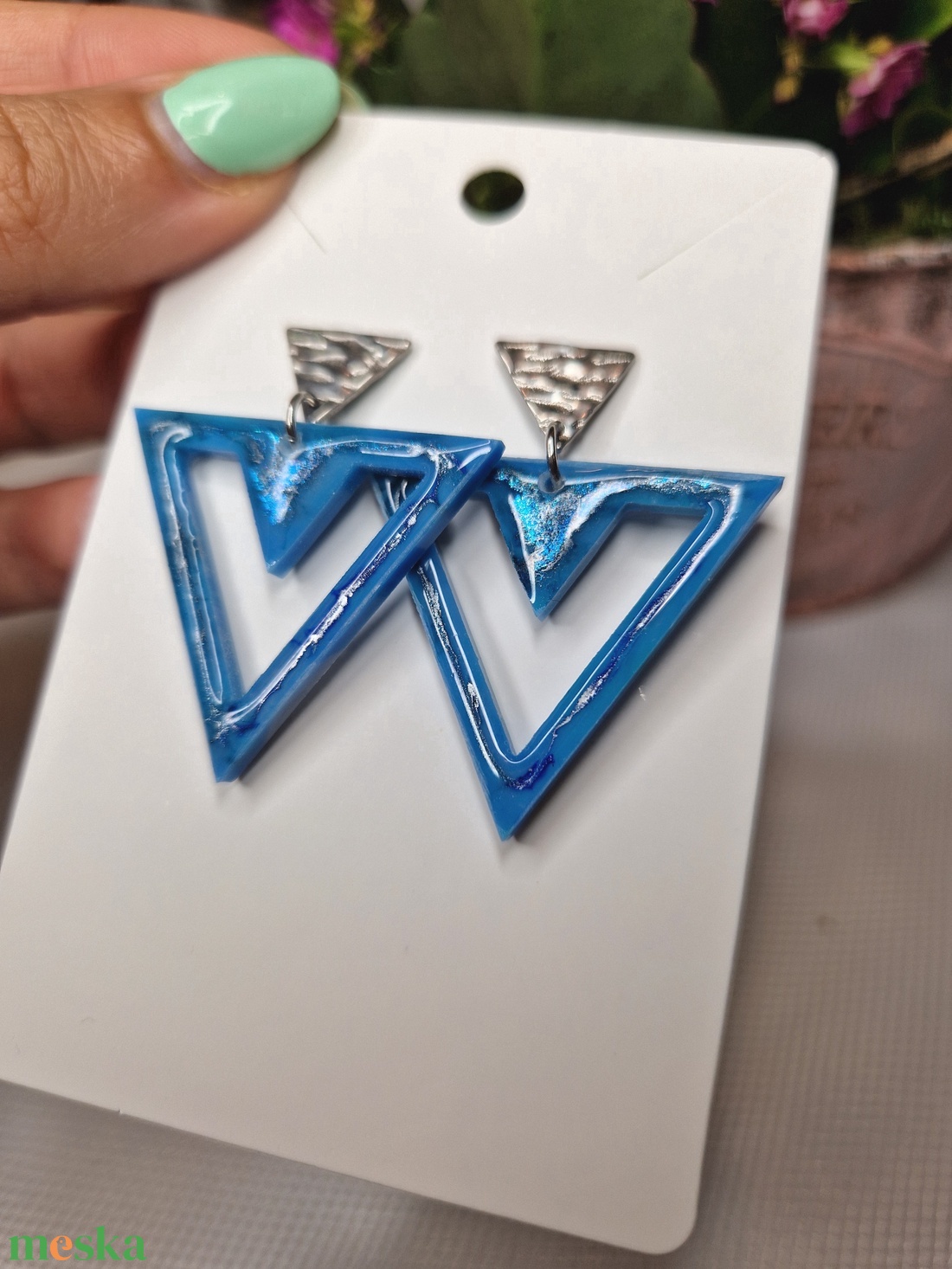 Kék ezüst háromszög fülbevaló  - ékszer - fülbevaló - csillár fülbevaló - Meska.hu