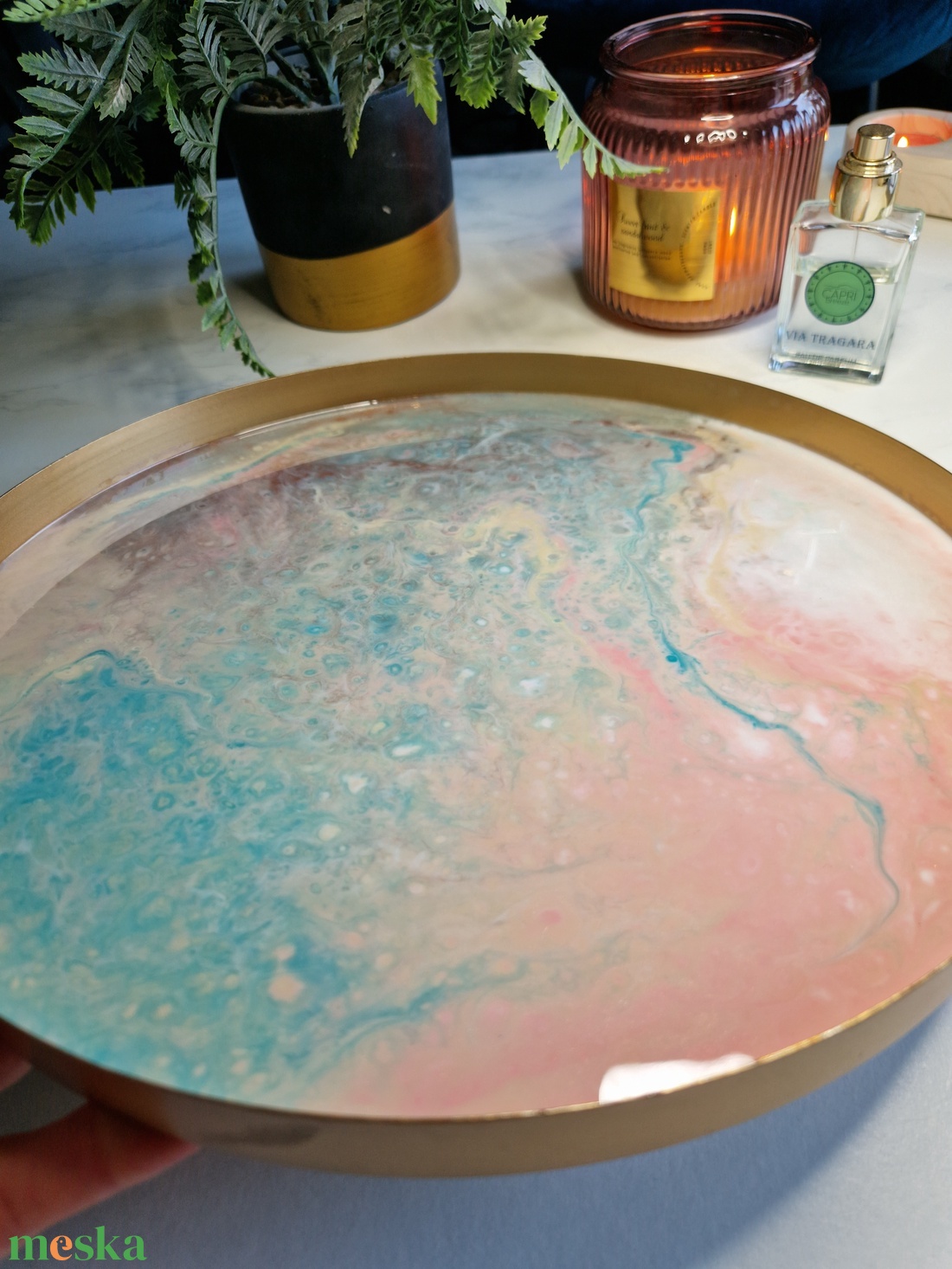 Tálca 30cm rózsaszín bronz kék - otthon & életmód - konyhafelszerelés, tálalás - tálalás - tálca - Meska.hu