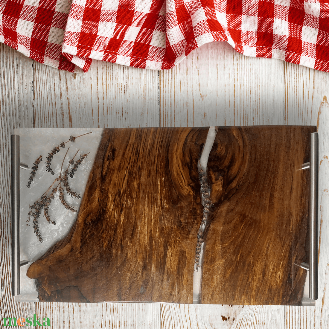 Prémium Diófa Tálaló  metál fehér levendulával - otthon & életmód - konyhafelszerelés, tálalás - sütés, főzés - vágódeszka - Meska.hu