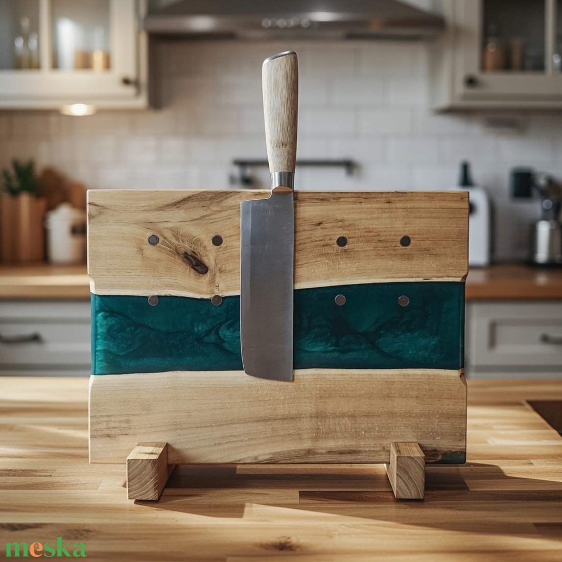 Akácfa mágneses késtartó / tálaló / vágódeszka - zöld - otthon & életmód - konyhafelszerelés, tálalás - sütés, főzés - vágódeszka - Meska.hu