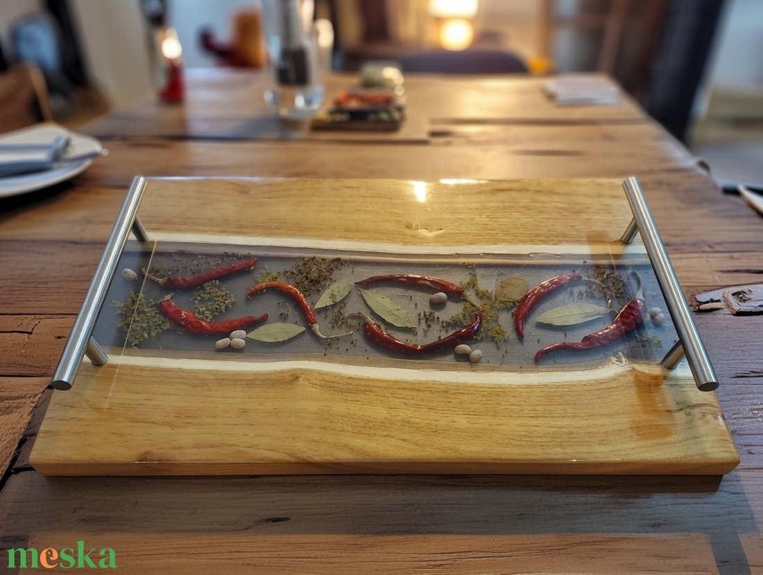 Akácfa tálaló - fűszerek betéttel átlátszó gyantában - otthon & életmód - konyhafelszerelés, tálalás - sütés, főzés - vágódeszka - Meska.hu