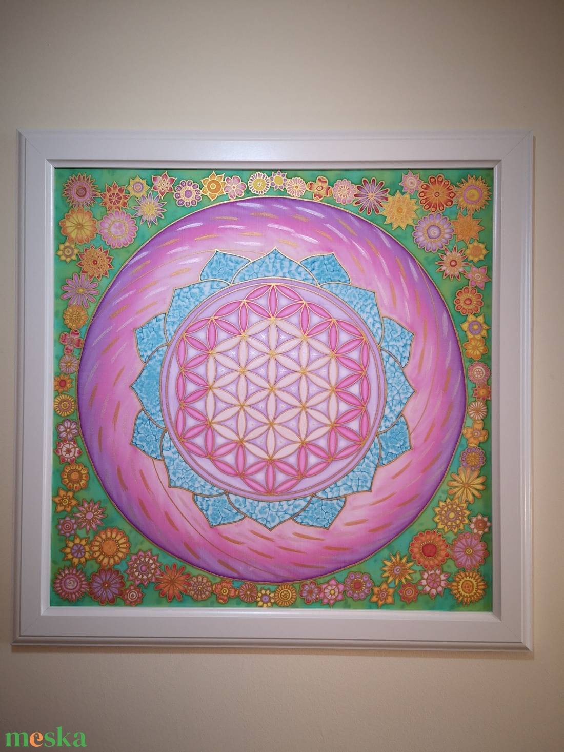 Élet virága mandala selyemkép kis virágos szegéllyel - művészet - textilkép - egyéb - Meska.hu