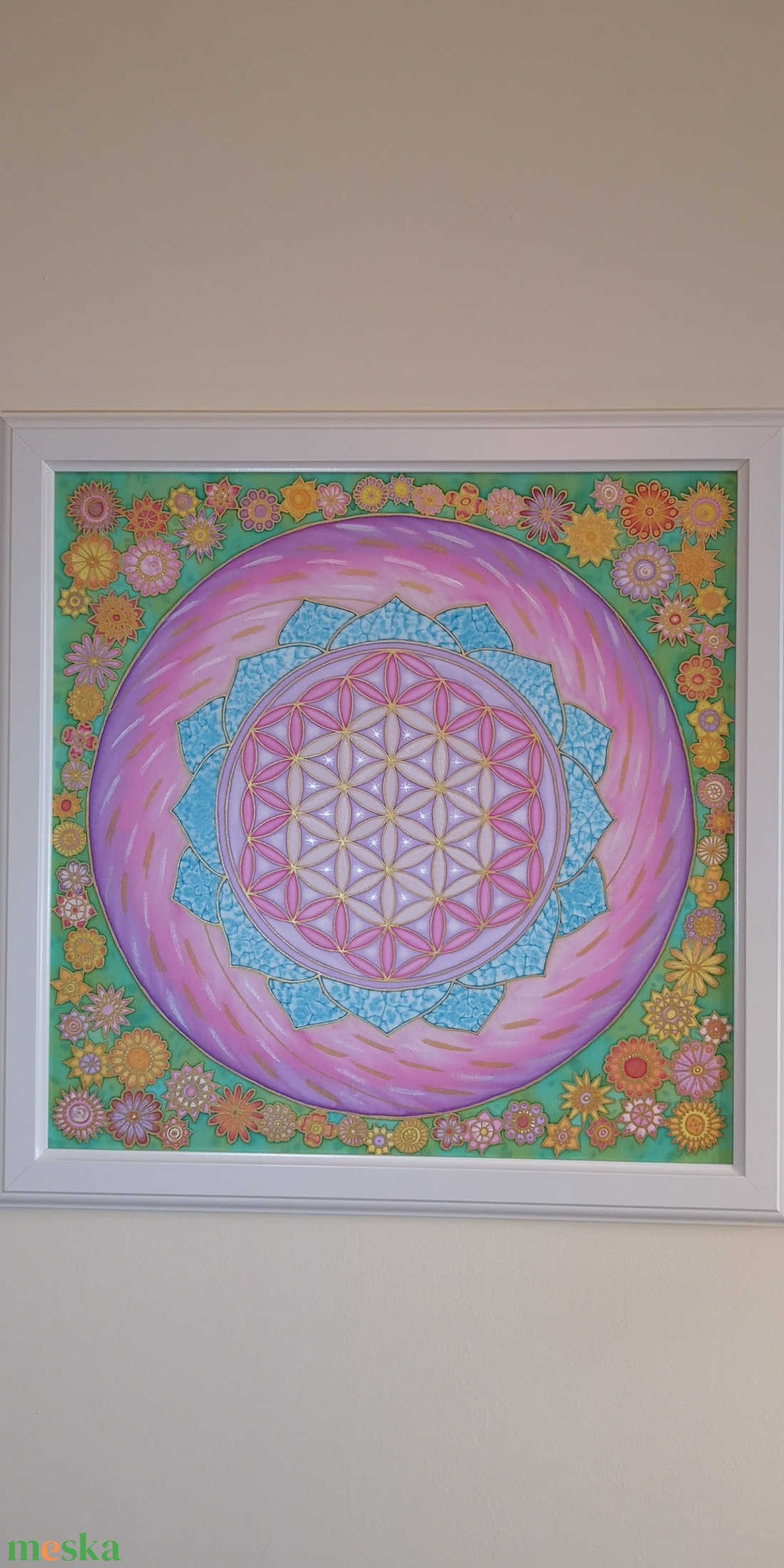 Élet virága mandala selyemkép kis virágos szegéllyel - művészet - textilkép - egyéb - Meska.hu