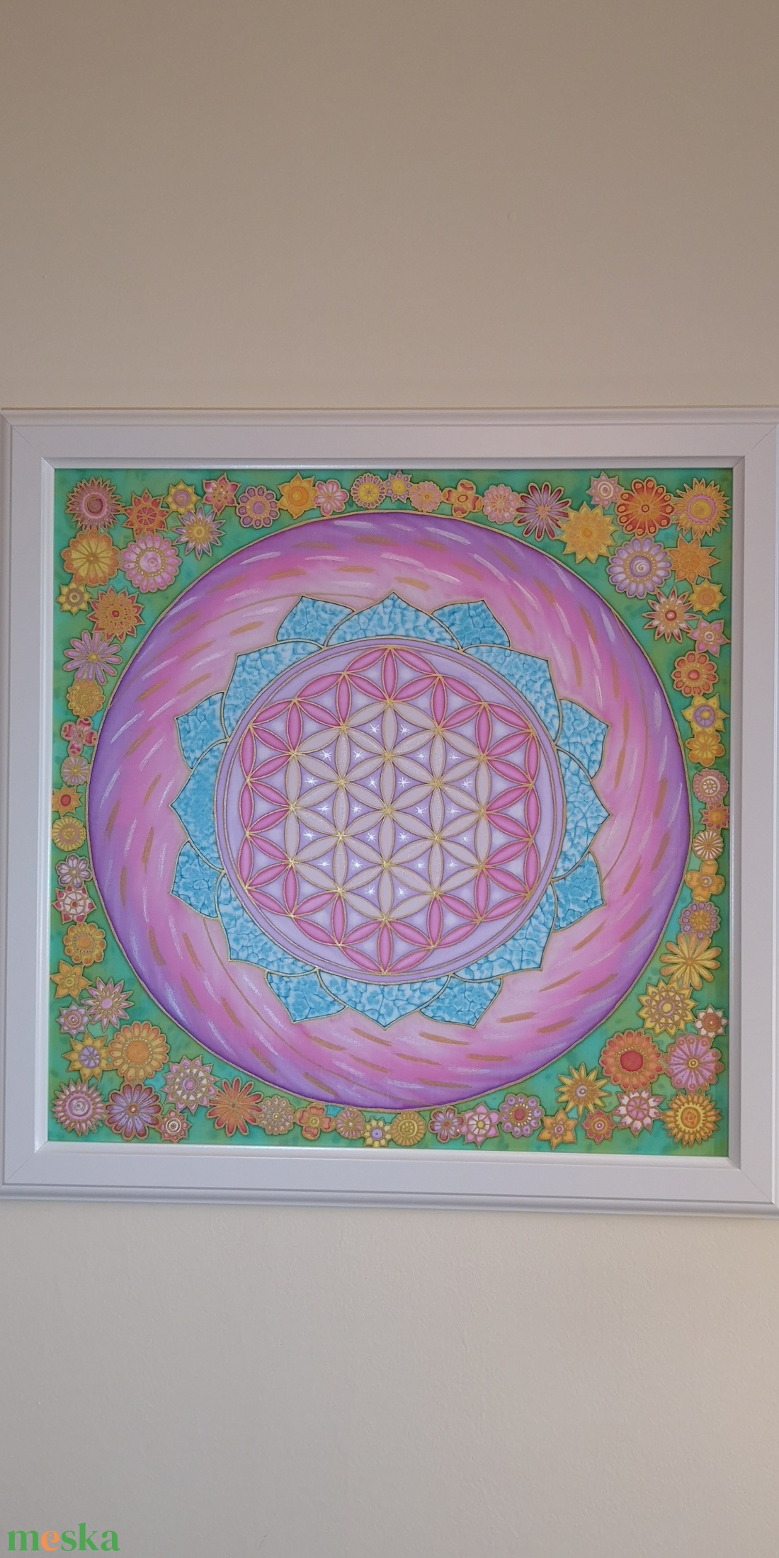 Élet virága mandala selyemkép kis virágos szegéllyel - művészet - textilkép - egyéb - Meska.hu