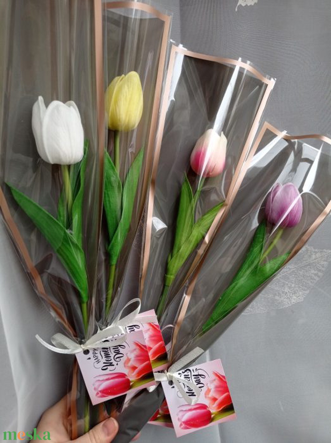Gumitulipán kedves üzenettel 4 szálas csomag - otthon & életmód - dekoráció - virágdísz és tartó - csokor & virágdísz - Meska.hu