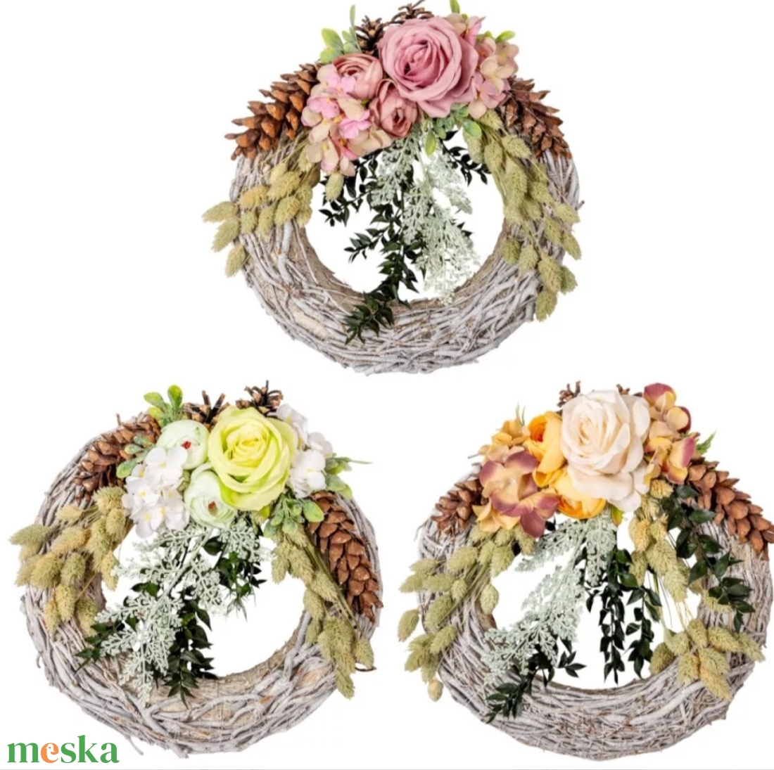Vesszős szalma koszorú 6 db-os szett selyem- és szárazvirággal kegyeleti dísz 28 cm + 2 db AJÁNDÉK vesszőkereszt - otthon & életmód - vallás - temetkezési tárgy - sírkoszorú, kegyeleti koszorú - Meska.hu
