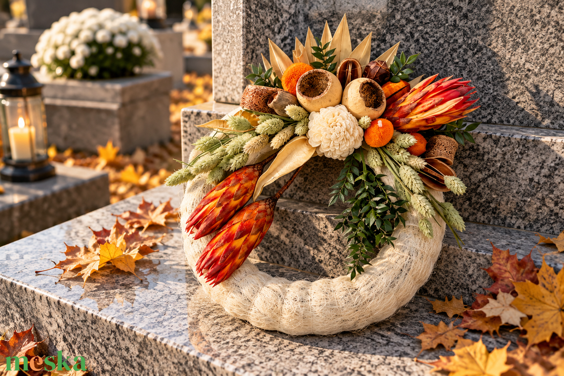 Szalma koszorú protea és szárazvirággal 28 cm kegyeleti dísz - otthon & életmód - vallás - temetkezési tárgy - sírkoszorú, kegyeleti koszorú - Meska.hu