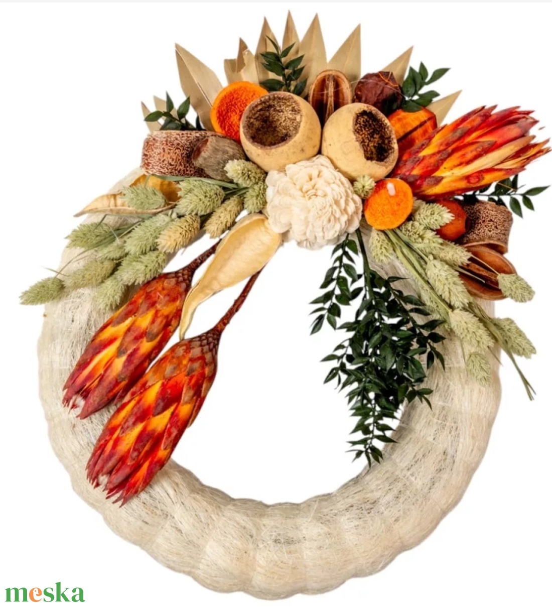 Szalma koszorú protea és szárazvirággal 28 cm kegyeleti dísz - otthon & életmód - vallás - temetkezési tárgy - sírkoszorú, kegyeleti koszorú - Meska.hu