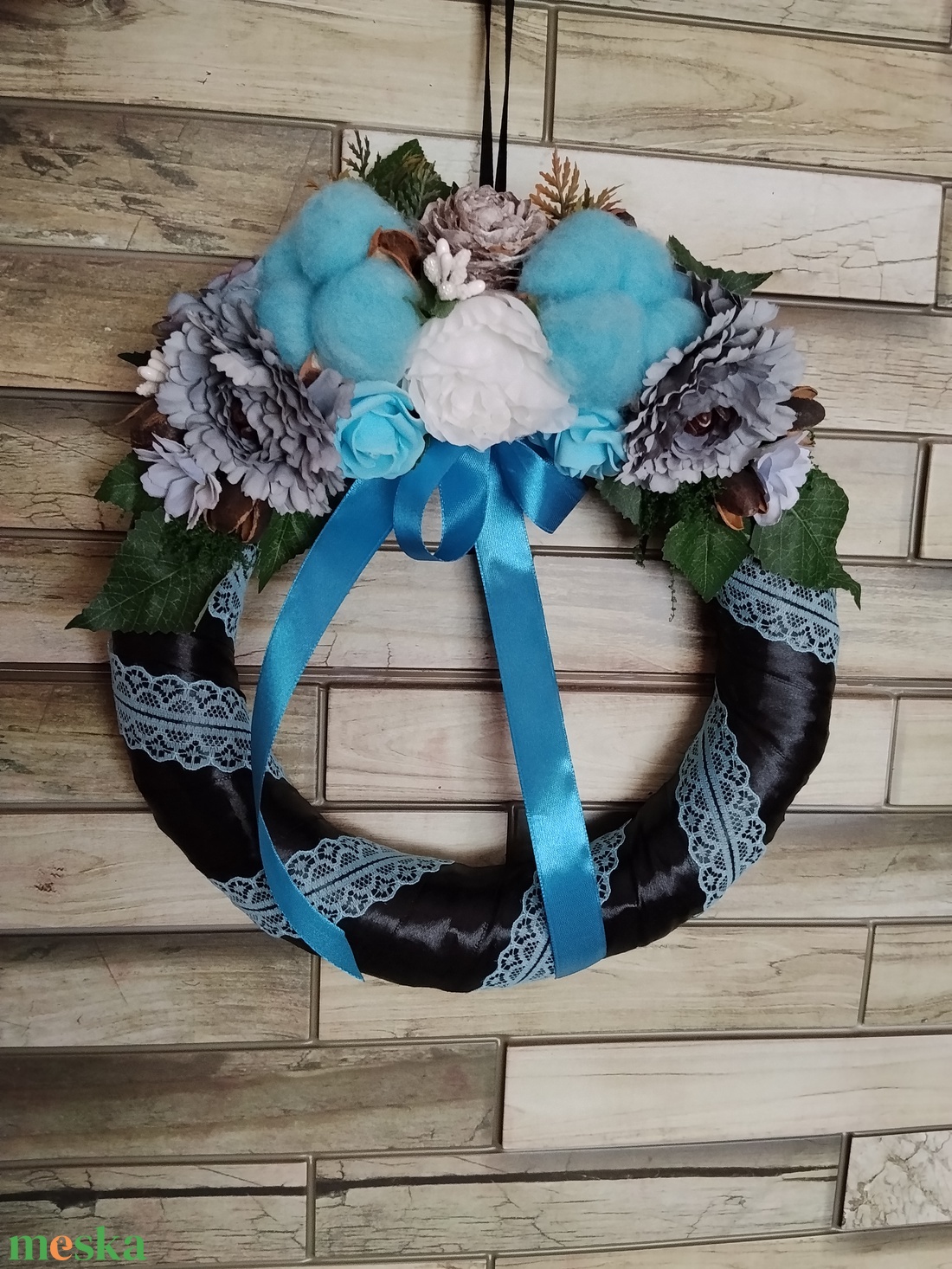 Selyemvirágos koszorú 25 cm - kék - otthon & életmód - vallás - temetkezési tárgy - sírkoszorú, kegyeleti koszorú - Meska.hu