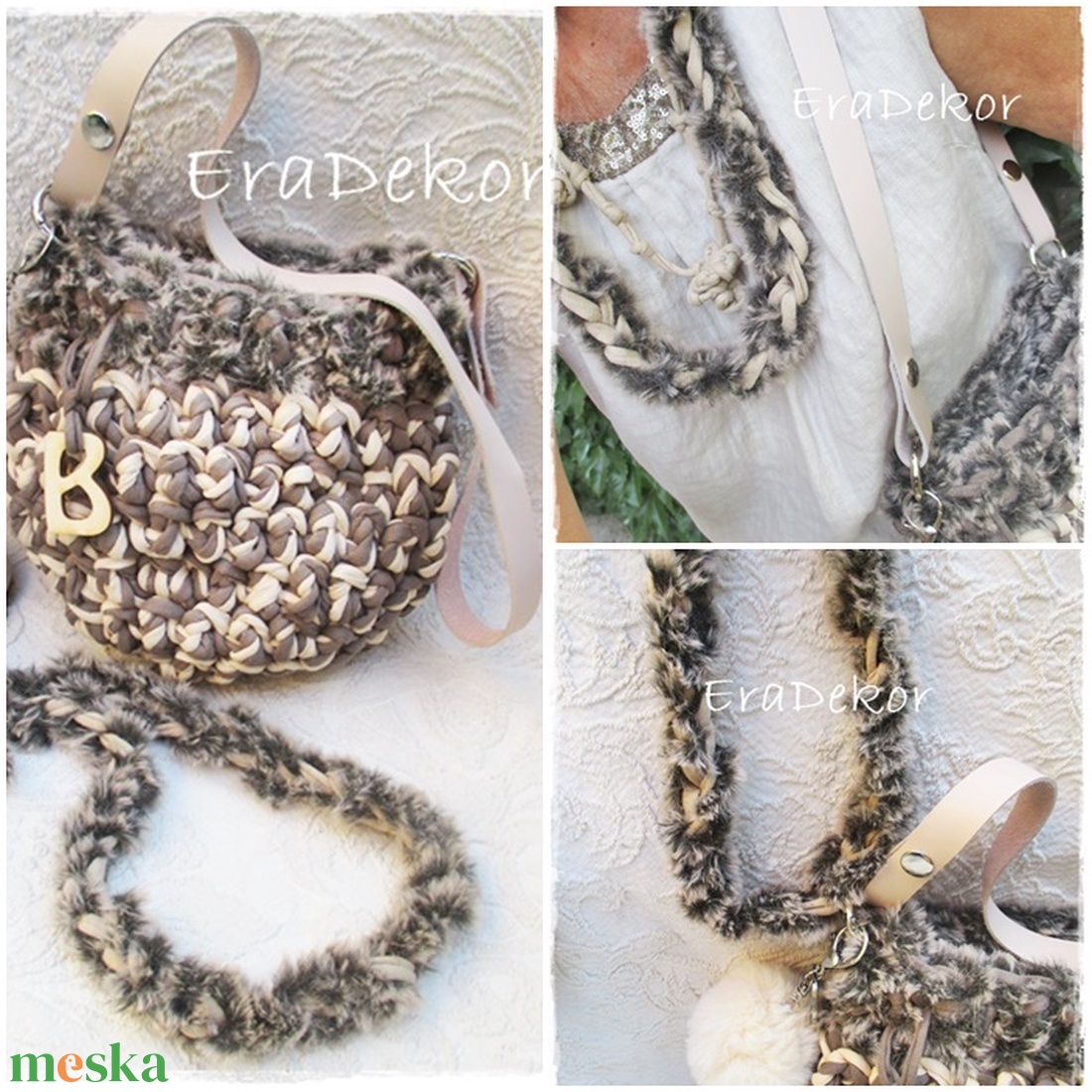 Monogramos,  szőrmés táska nyaklánccal - táska & tok - kézitáska & válltáska - válltáska - Meska.hu