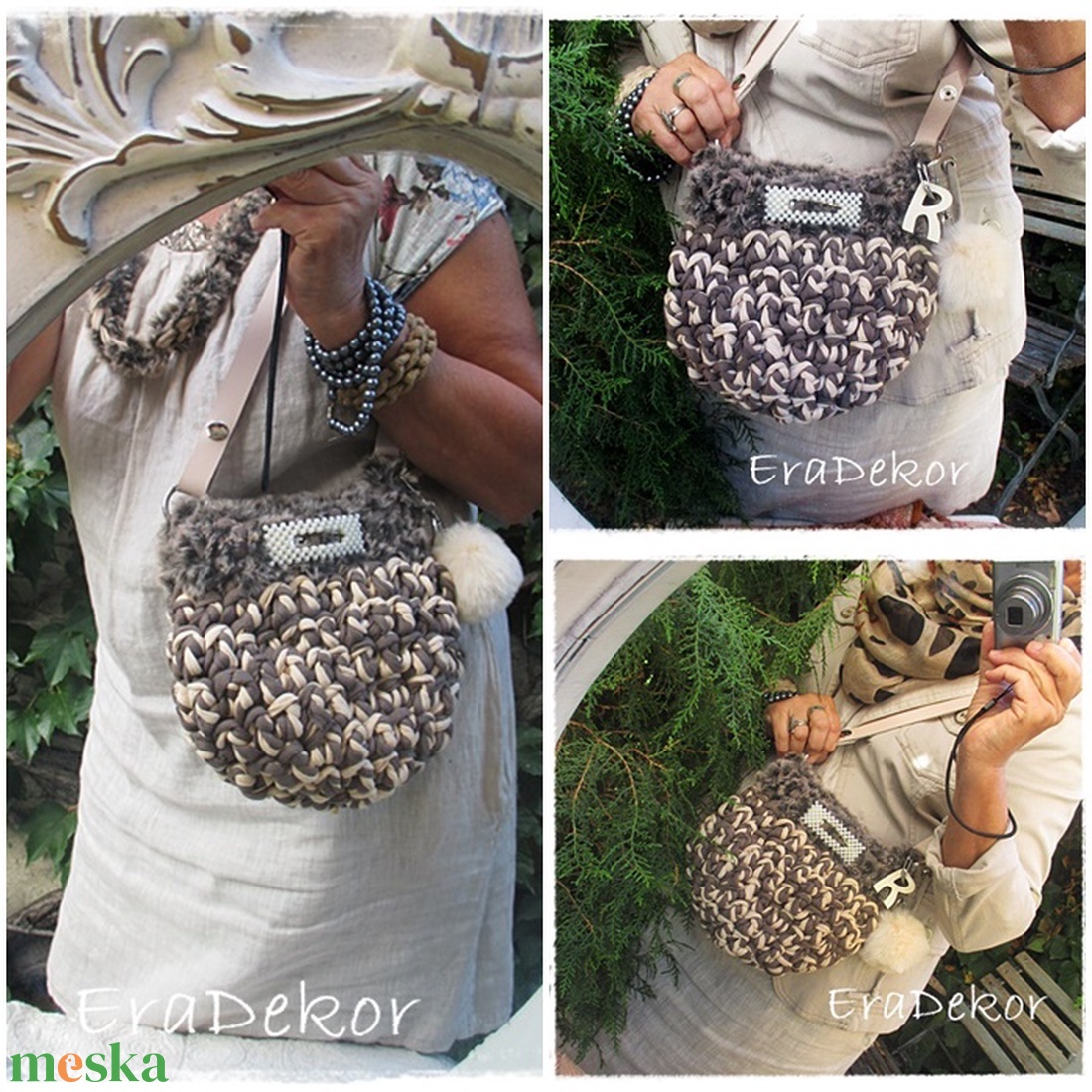 Monogramos,  szőrmés táska nyaklánccal - táska & tok - kézitáska & válltáska - válltáska - Meska.hu