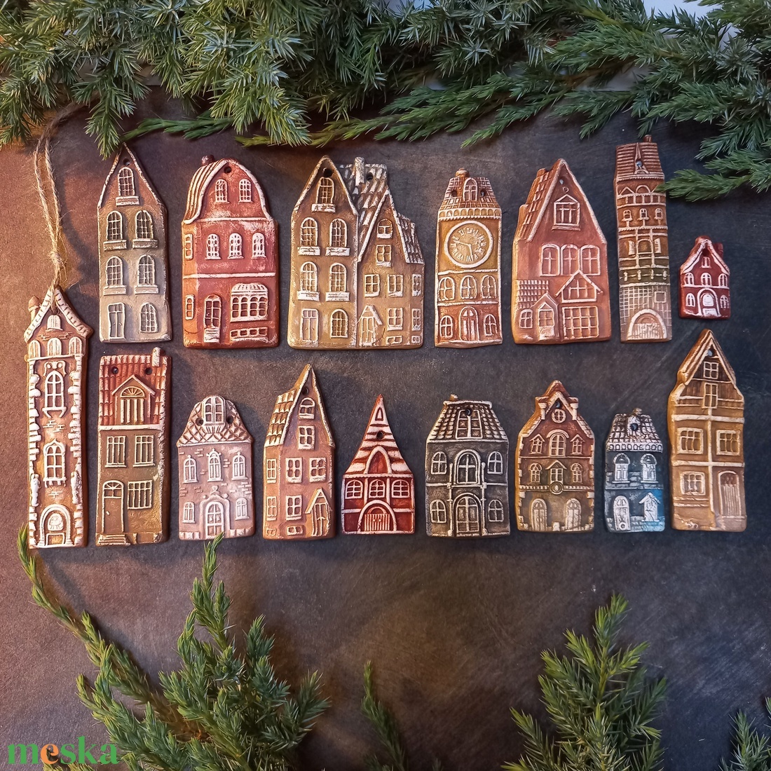 Rusztikus házak karácsonyfadíszek 16 db/szett - karácsony - karácsonyi lakásdekoráció - karácsonyfadíszek - Meska.hu