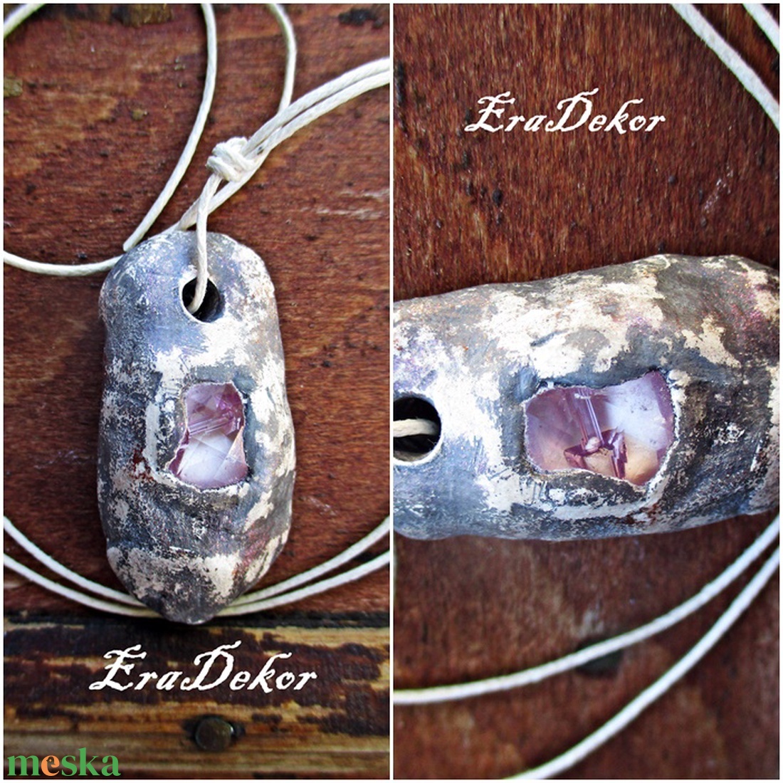 Ezüstös bronz, rózsaszín kővel  - ékszer - nyaklánc - medálos nyaklánc - Meska.hu