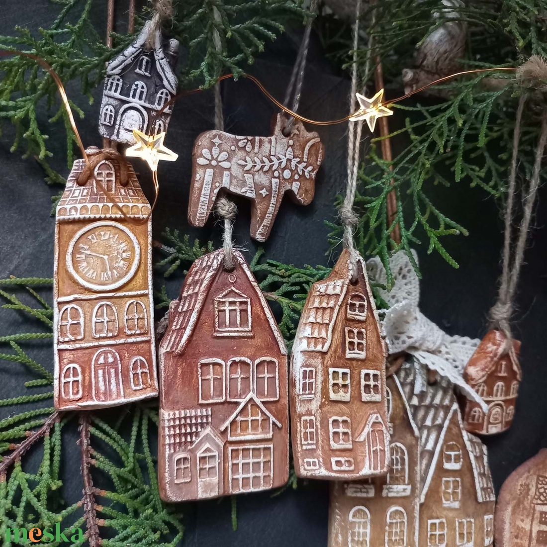 Rusztikus házak karácsonyfadíszek 16 db/szett - karácsony - karácsonyi lakásdekoráció - karácsonyfadíszek - Meska.hu