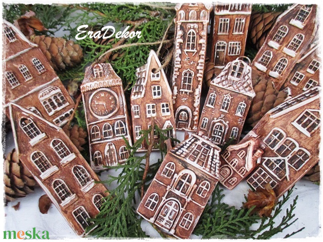 Rusztikus házak karácsonyfadíszek 16 db/szett - karácsony - karácsonyi lakásdekoráció - karácsonyfadíszek - Meska.hu