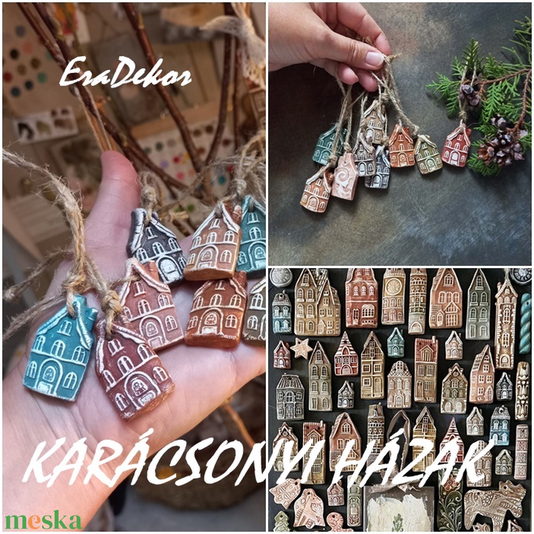 Rusztikus festett házikók karácsonyfadíszek 10 db/szett - karácsony - karácsonyi lakásdekoráció - karácsonyfadíszek - Meska.hu