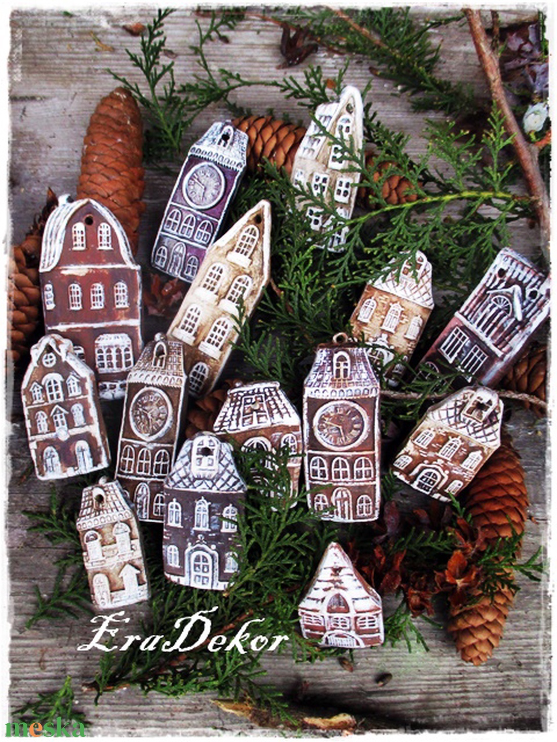 Rusztikus házak karácsonyfadíszek 14 db/szett - karácsony - karácsonyi lakásdekoráció - karácsonyfadíszek - Meska.hu