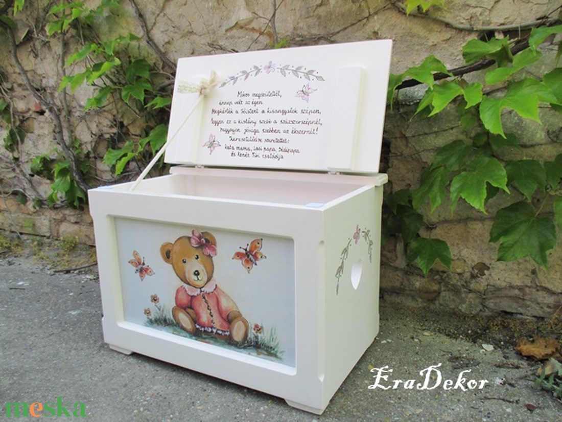 Lányos, macis  játéktároló  láda, ajándék  keresztelőre - otthon & életmód - tárolás & rendszerezés - láda - Meska.hu