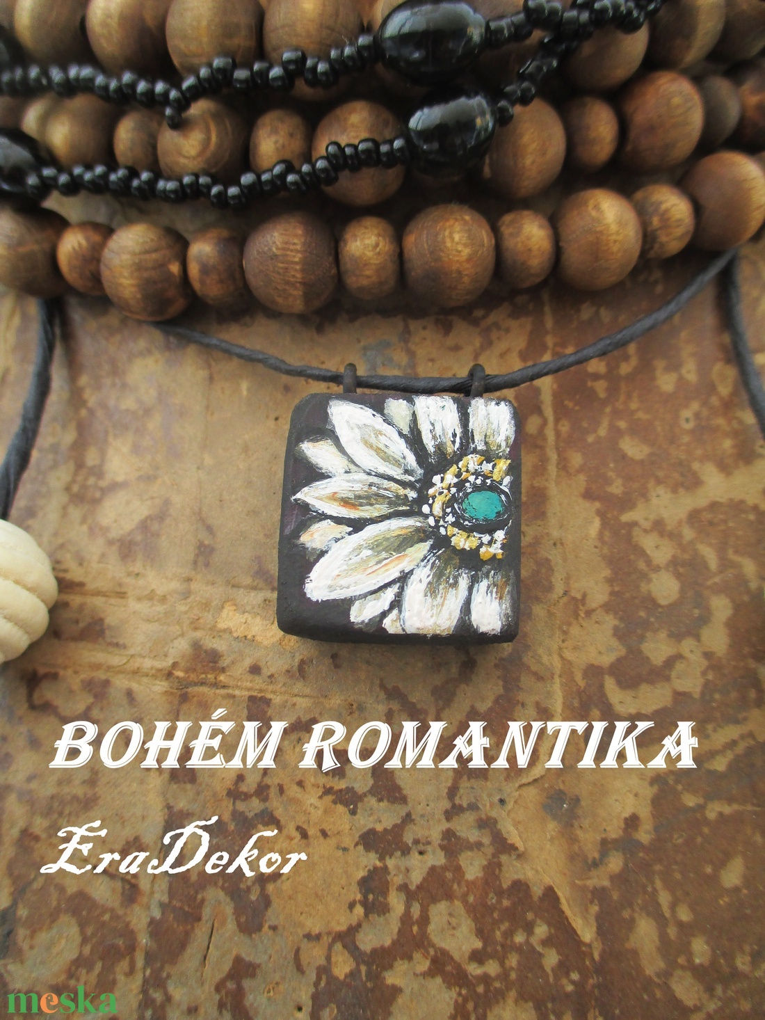  Bohém  fekete virág és egy kis türkiz - ékszer - nyaklánc - medál - Meska.hu