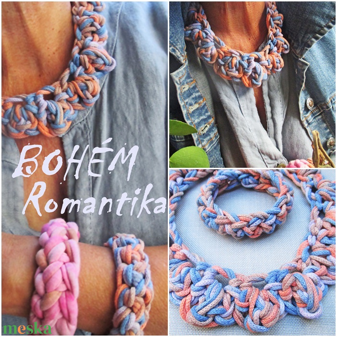 Bohém romantika farmerkékkel, horgolt nyakláncok és karkötők - ékszer - ékszerszett - Meska.hu