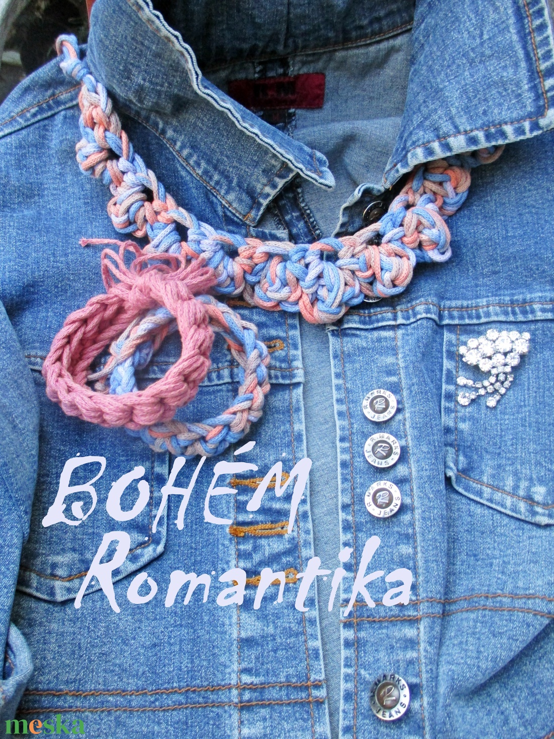 Bohém romantika farmerkékkel, horgolt nyakláncok és karkötők - ékszer - ékszerszett - Meska.hu