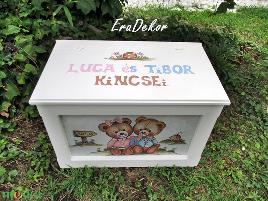 Ikermacis játéktároló  láda ikreknek - baba - mama - keresztelő kellékek - keresztelőajándékok - Meska.hu
