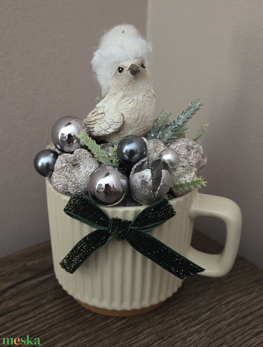 Karácsonyi asztaldísz-Ezüst madárkás - karácsony - karácsonyi lakásdekoráció - ünnepi asztaldekoráció - Meska.hu