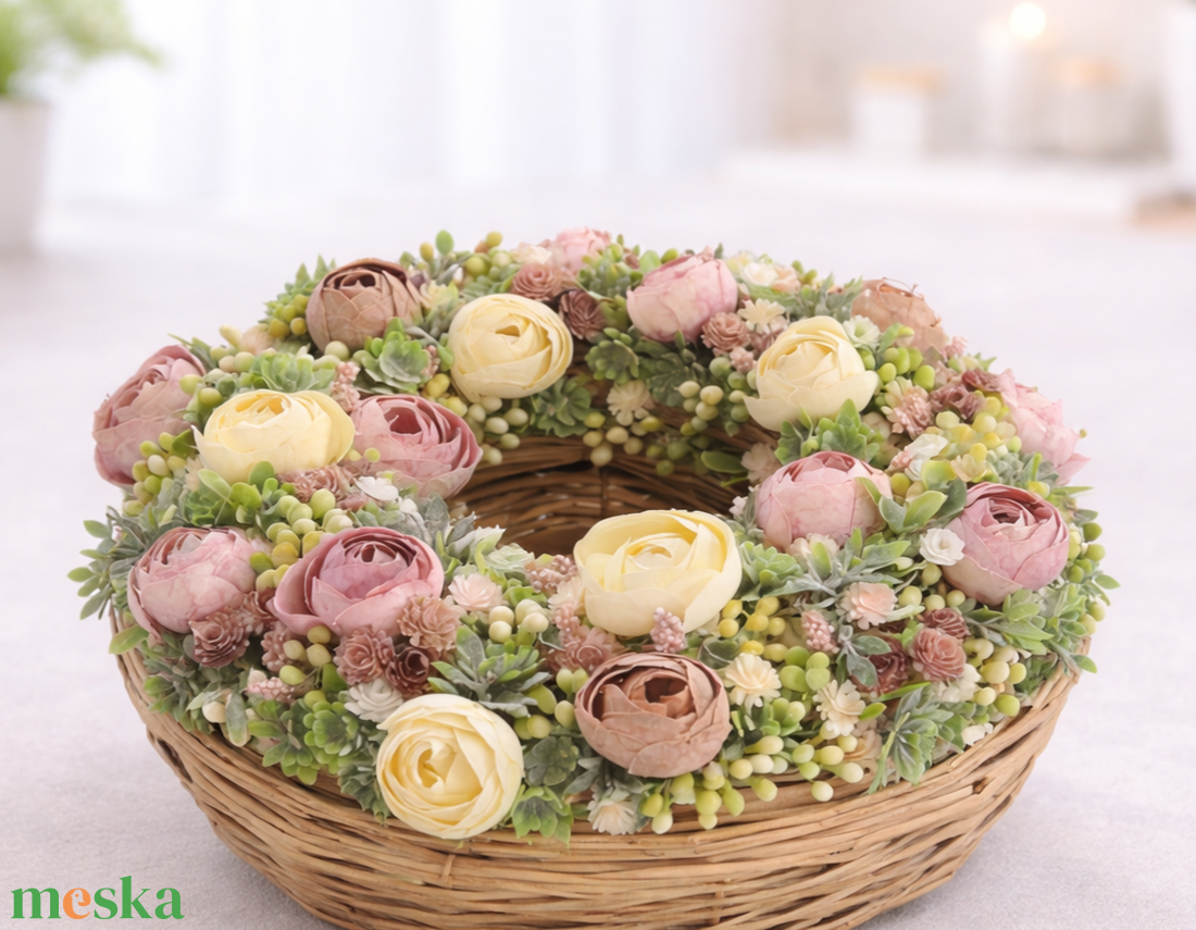 Egyedi tavaszi pasztell koszorú - otthon & életmód - dekoráció - asztal és polc dekoráció - asztaldísz - Meska.hu