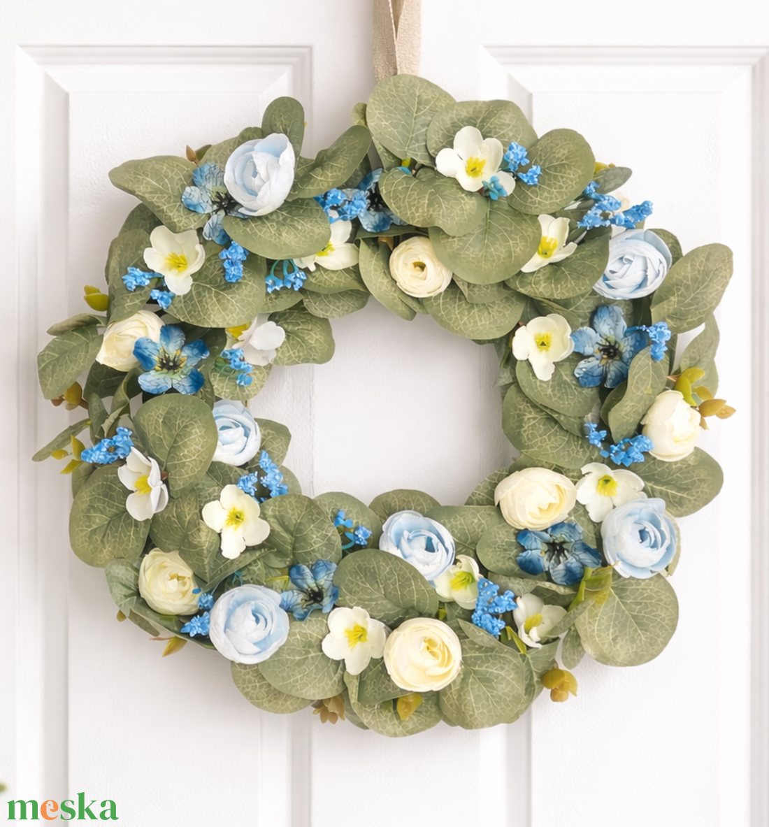 Kék virágos ajtódísz  - otthon & életmód - dekoráció - ajtó- és ablak dekoráció - ajtódísz & kopogtató - Meska.hu