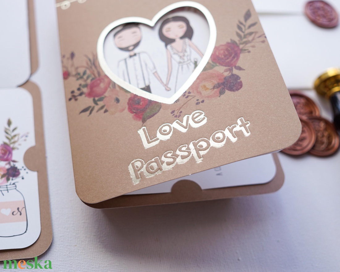 Útleveles esküvői meghívó, Love passport, aranyfólia, beszállókártyás utazós meghívó - esküvő - meghívó & kártya - meghívó - Meska.hu