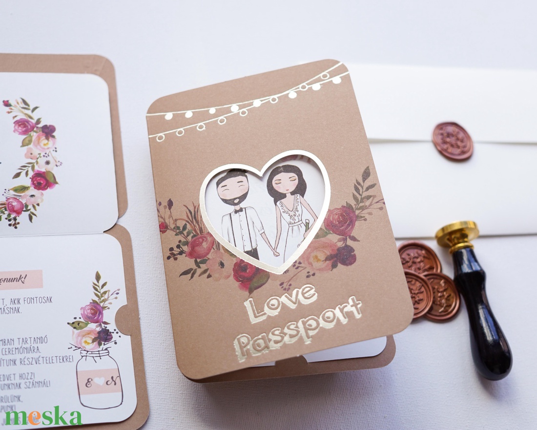 Útleveles esküvői meghívó, Love passport, aranyfólia, beszállókártyás utazós meghívó - esküvő - meghívó & kártya - meghívó - Meska.hu