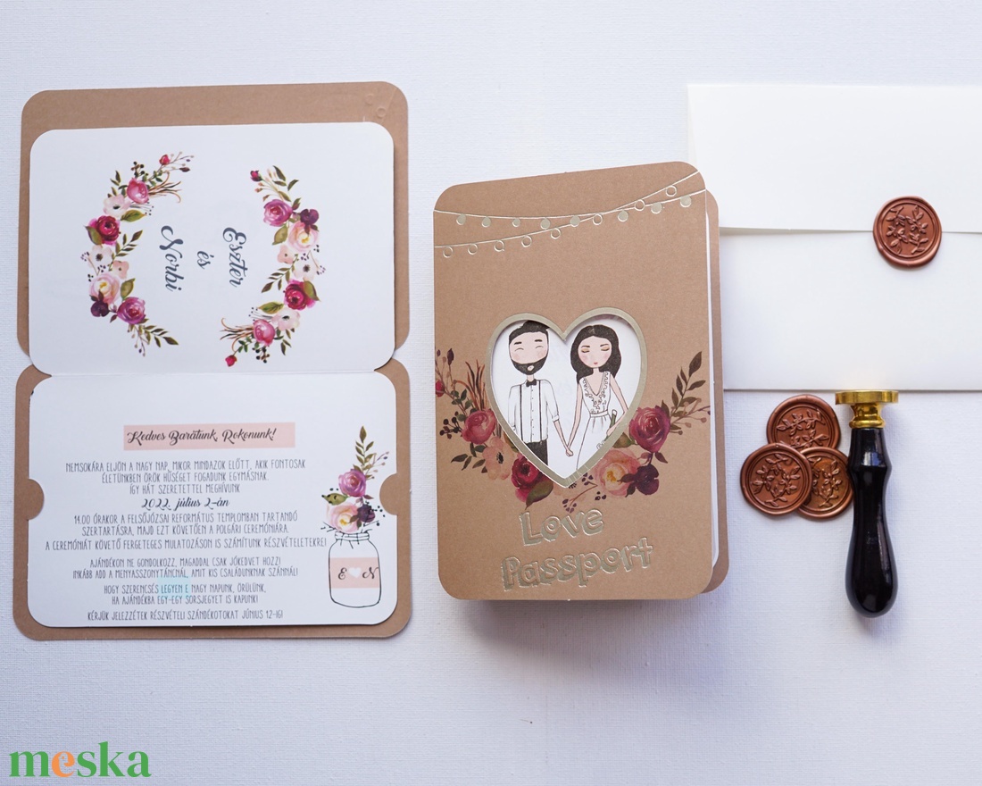 Útleveles esküvői meghívó, Love passport, aranyfólia, beszállókártyás utazós meghívó - esküvő - meghívó & kártya - meghívó - Meska.hu