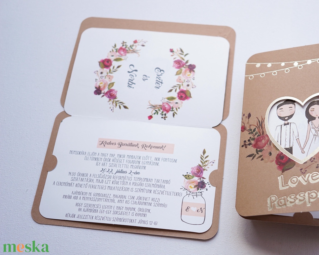 Útleveles esküvői meghívó, Love passport, aranyfólia, beszállókártyás utazós meghívó - esküvő - meghívó & kártya - meghívó - Meska.hu