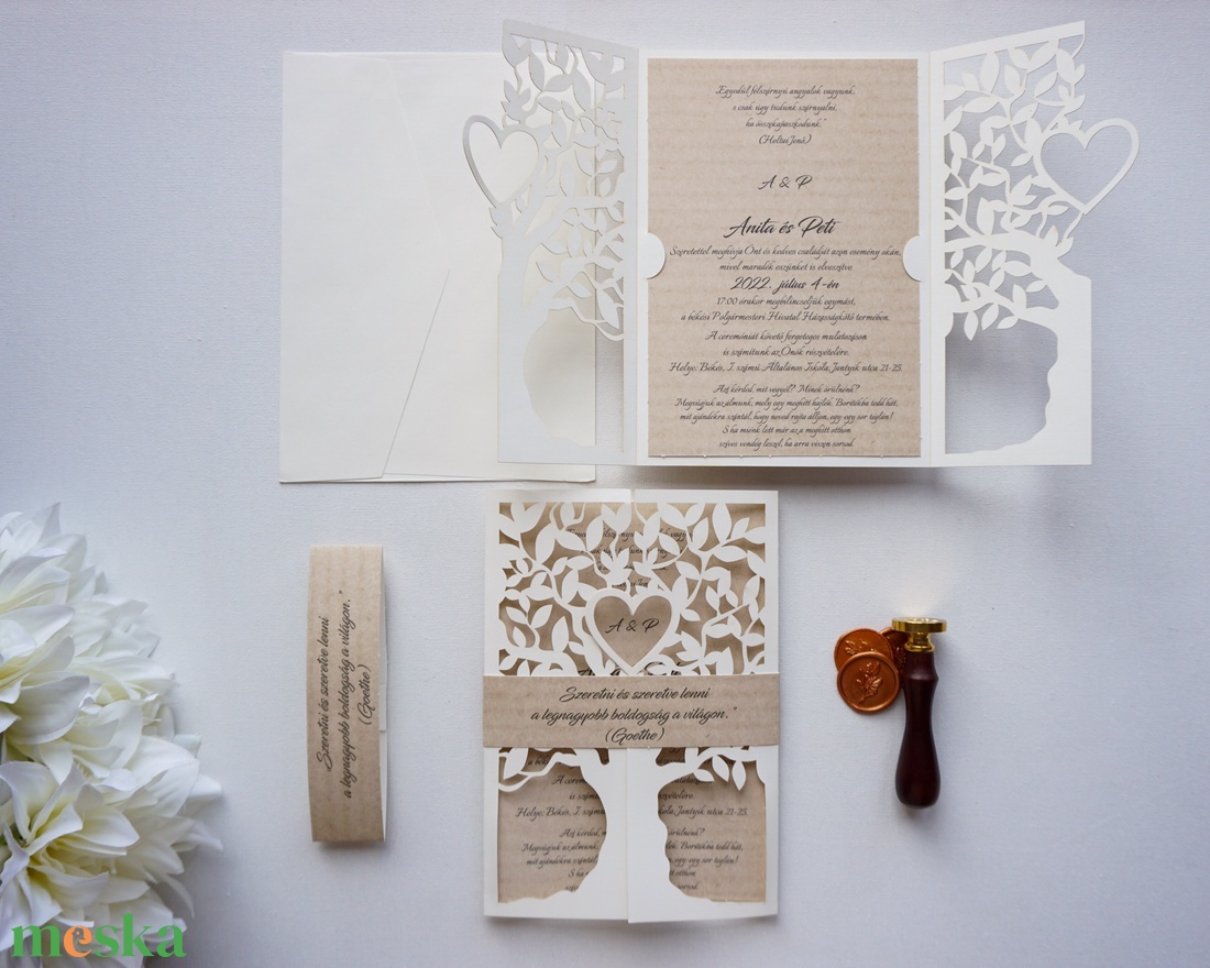 Lézervágott esküvői meghívó, fa mintás, lasercut meghívó, szívecske, prémium meghívó, különleges meghívó - esküvő - meghívó & kártya - meghívó - Meska.hu