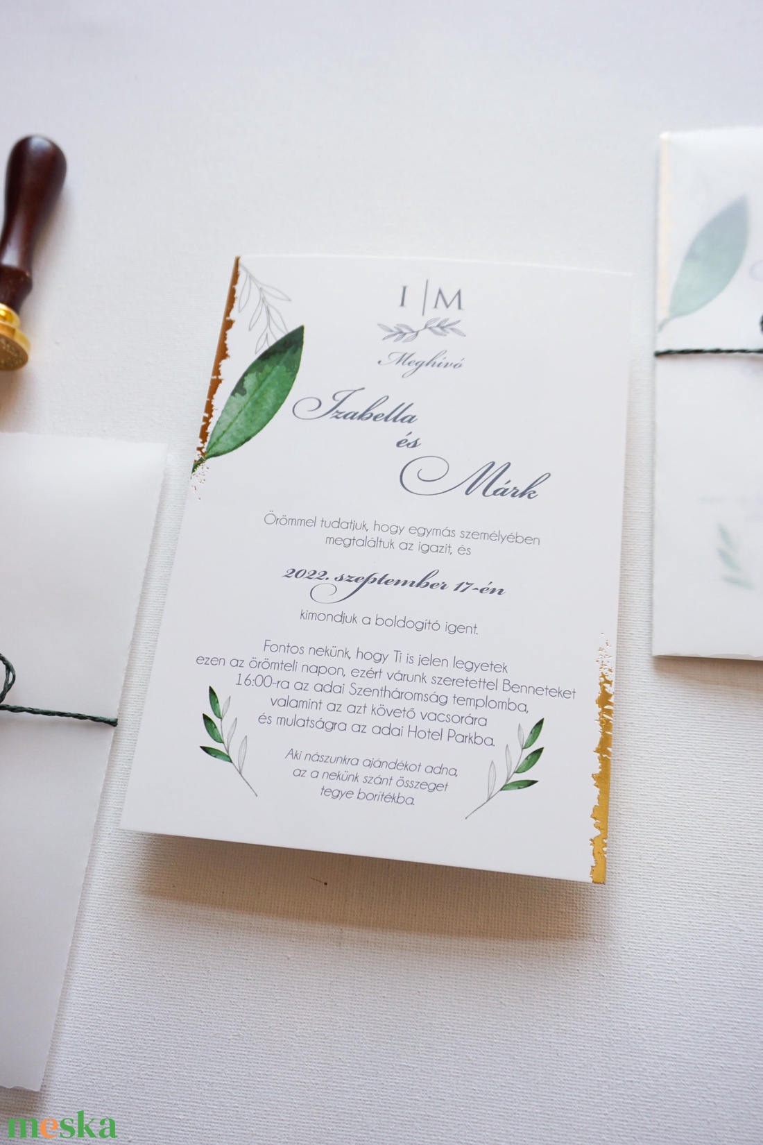 Pausz borítós greenery esküvői meghívó, részben aranyozott szegély,leveles, méreg zöld fonal - esküvő - meghívó & kártya - meghívó - Meska.hu