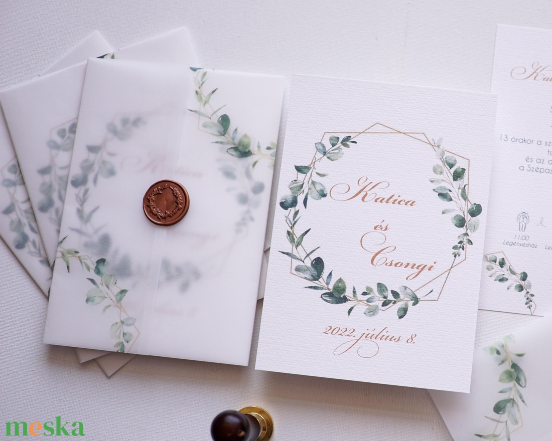 Pausz borítós greenery esküvői meghívó, pecsét, viaszpecsét, pausz meghívó, leveles meghívók  - esküvő - meghívó & kártya - meghívó - Meska.hu