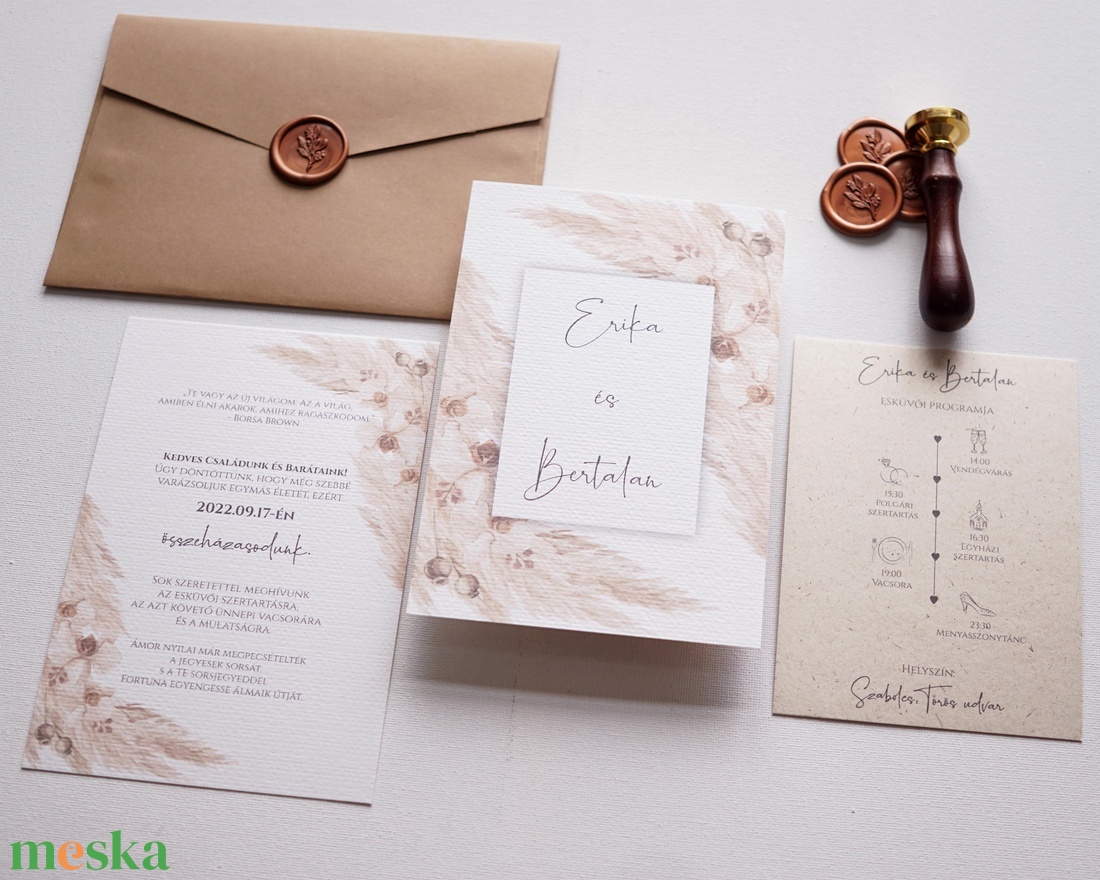 Pampafűves kétoldalas esküvői meghívó, kraft/barna borítékban, kiegészítő kártyácskával, pecsét, viaszpecsét. - esküvő - meghívó & kártya - meghívó - Meska.hu