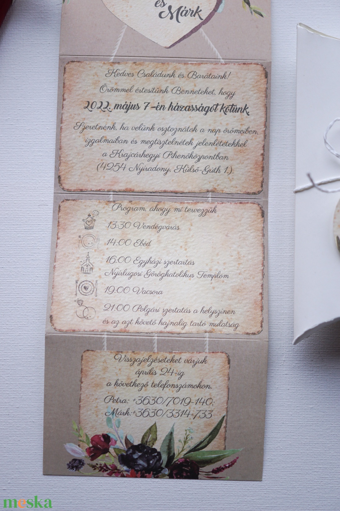 Dobozos esküvői meghívó, virágmintás meghívó, párna dobozos meghívó, harmónika meghívó - esküvő - meghívó & kártya - meghívó - Meska.hu