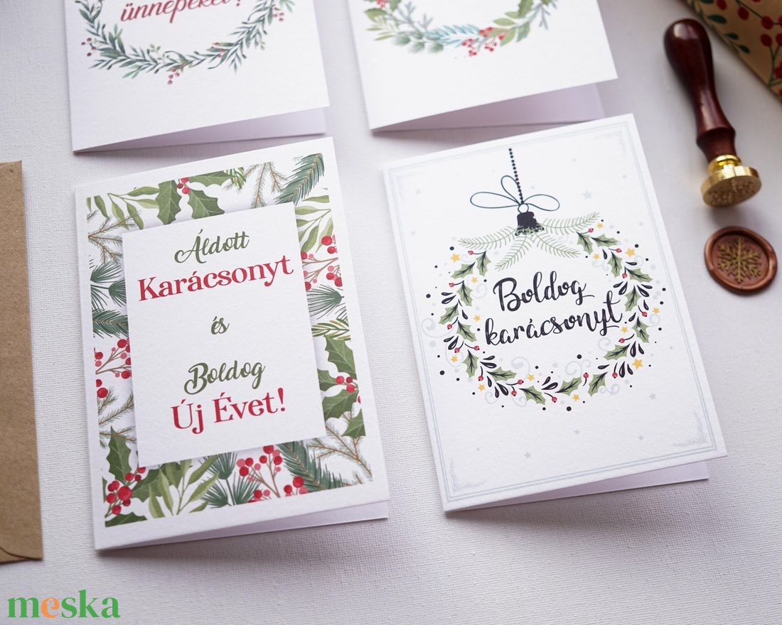 Zöldágas Karácsonyi Képeslap gyűjtemény, 4 darab, karácsonyi üdvözlő lap, ünnepi képeslap, mikulás - karácsony - karácsonyi ajándékozás - karácsonyi képeslap, üdvözlőlap, ajándékkísérő - Meska.hu
