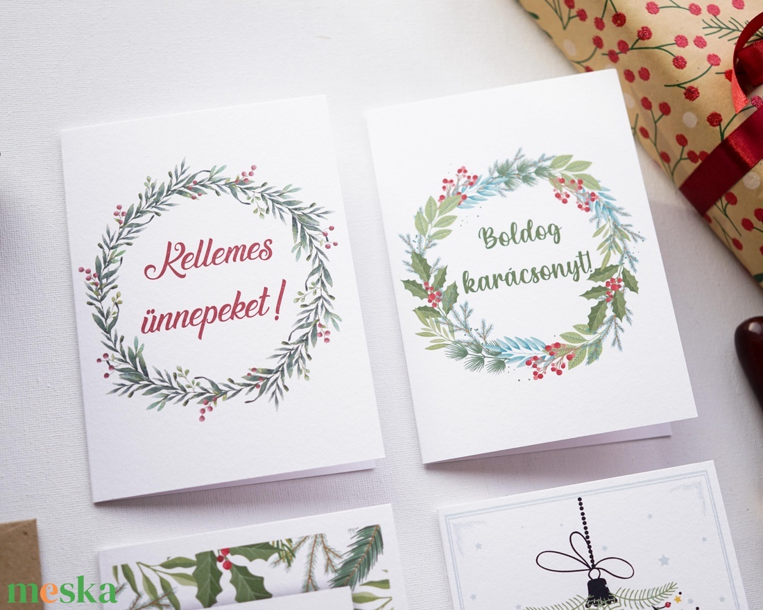 Zöldágas Karácsonyi Képeslap gyűjtemény, 4 darab, karácsonyi üdvözlő lap, ünnepi képeslap, mikulás - karácsony - karácsonyi ajándékozás - karácsonyi képeslap, üdvözlőlap, ajándékkísérő - Meska.hu