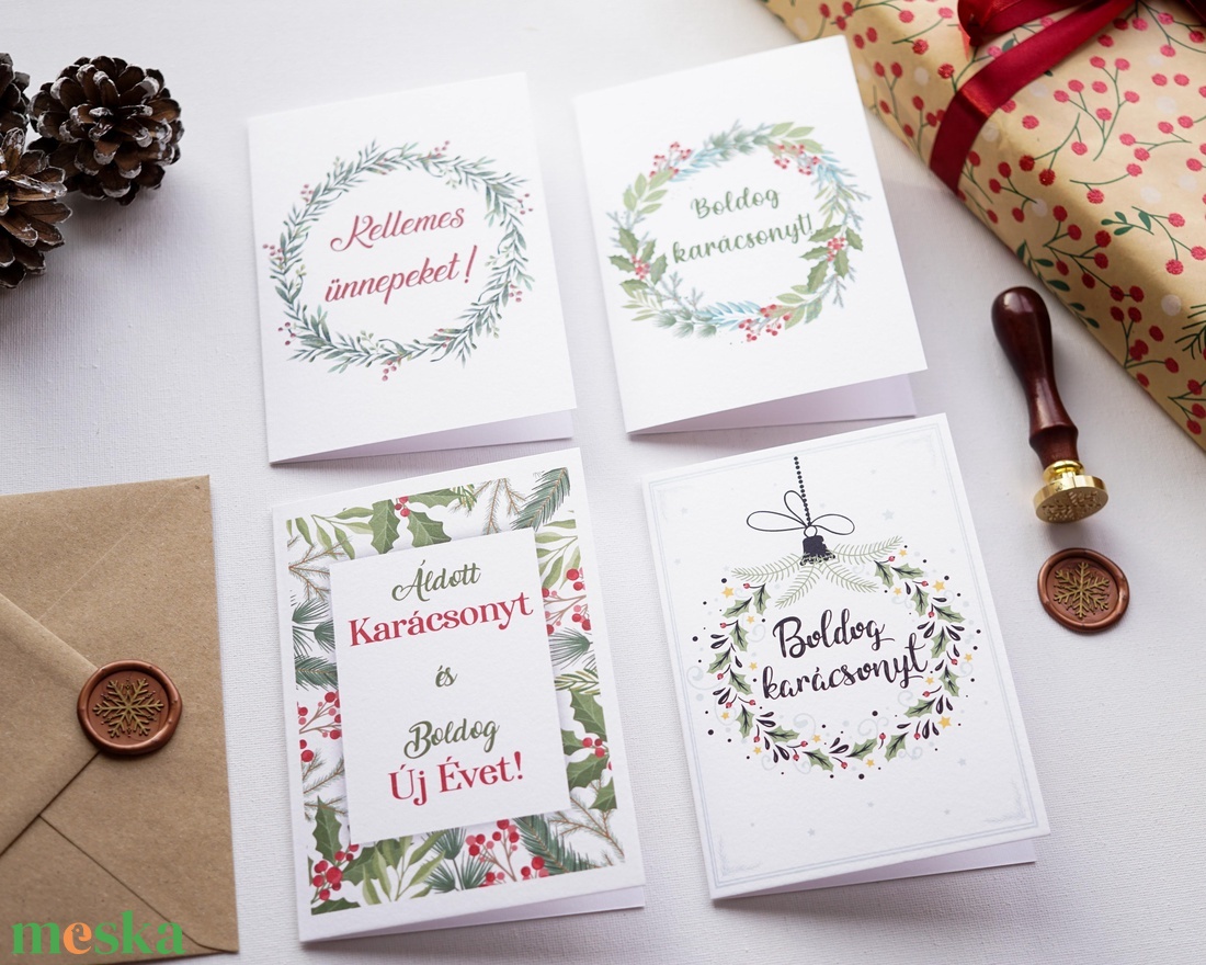 Zöldágas Karácsonyi Képeslap gyűjtemény, 4 darab, karácsonyi üdvözlő lap, ünnepi képeslap, mikulás - karácsony - karácsonyi ajándékozás - karácsonyi képeslap, üdvözlőlap, ajándékkísérő - Meska.hu