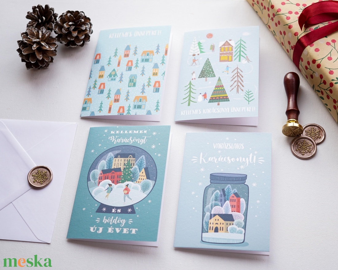 Winter Wonderland karácsonyi képeslap gyűjtemény, 4 darab karácsonyi üdvözlő lap, ünnepi képeslap, mikulás - karácsony - karácsonyi ajándékozás - karácsonyi képeslap, üdvözlőlap, ajándékkísérő - Meska.hu