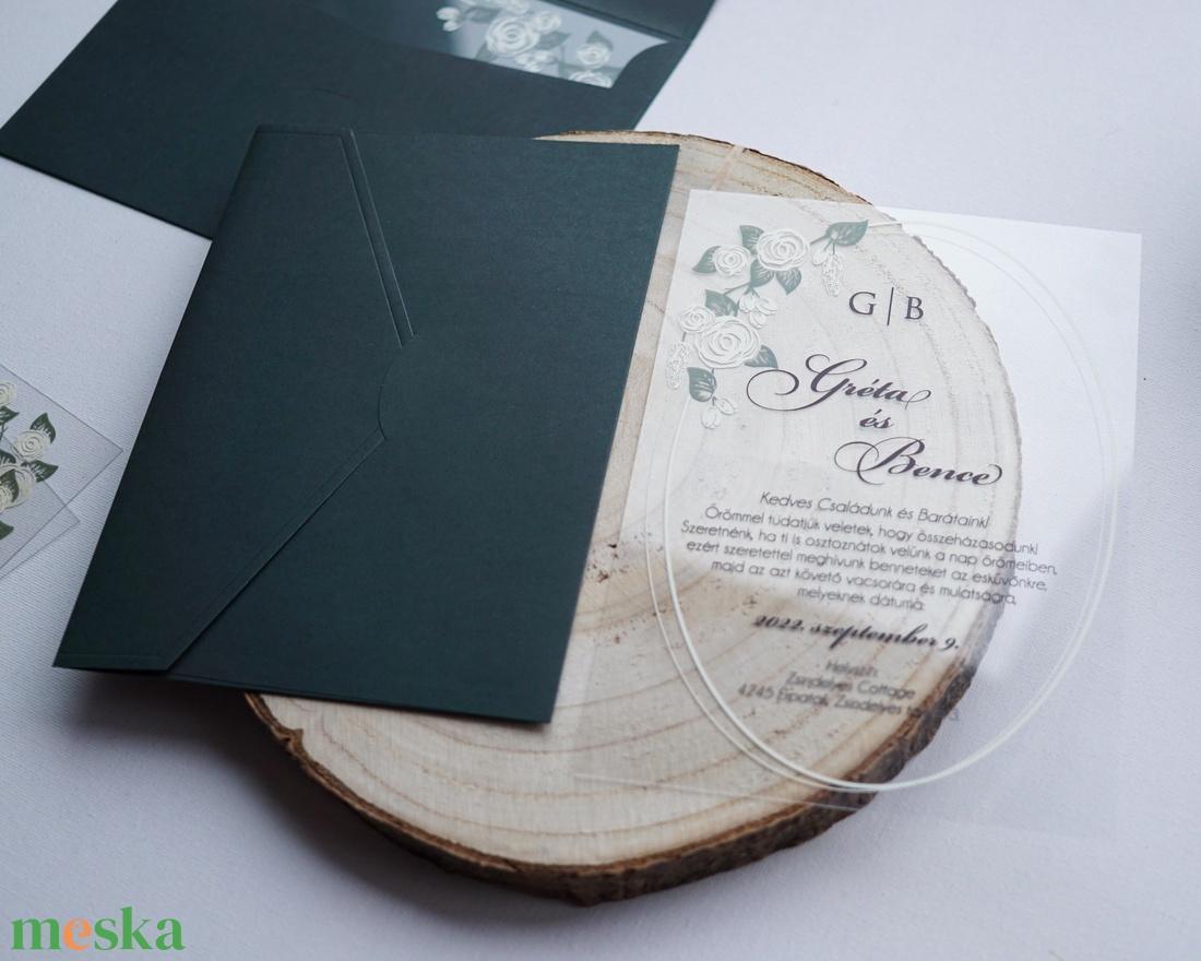 Plexi  esküvői meghívó sötét zöld borítékkal, akril meghívó, virágos meghívó, átlátszó meghívó - esküvő - meghívó & kártya - meghívó - Meska.hu